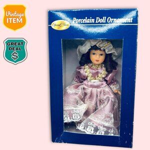 Vintage Porcelain Doll In Lavender Dress. Christmas Holiday Ornament. RARE!